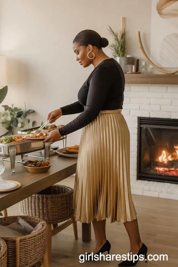 Gold Pleated Midi Skirt with Fitted Black Top