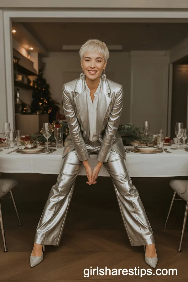Silver Metallic Pantsuit White Blouse