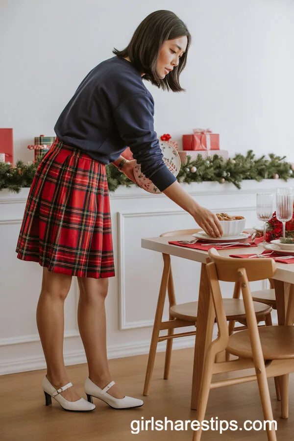 Red Tartan Skirt with Navy Sweater and Mary Jane Heels