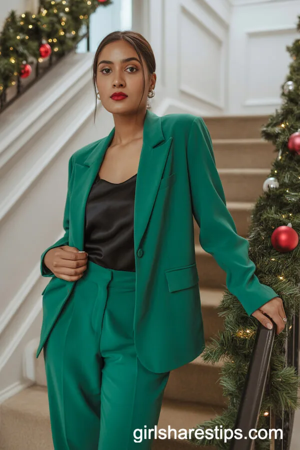 Tailored Emerald Green Pantsuit with Red Lipstick