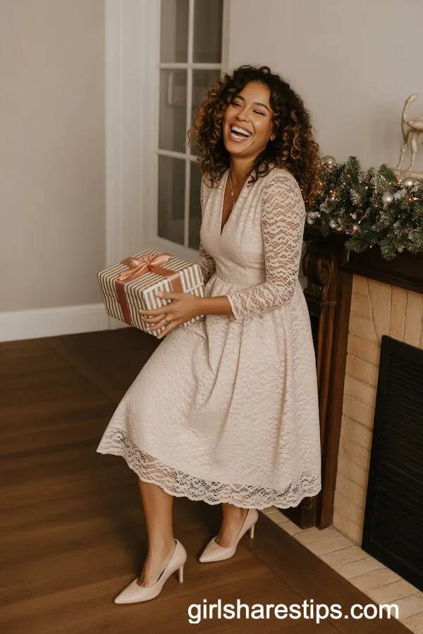 White Lace Dress with Nude Pumps