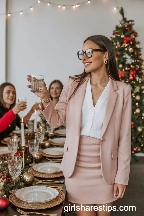 Blush Pink Skirt Suit with White Blouse