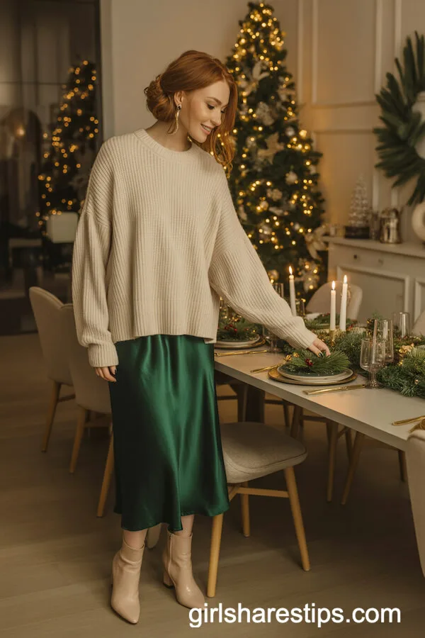 Emerald Green Satin Midi Dress with Oversized Knit Sweater