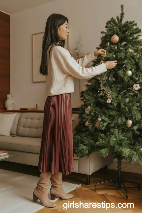 Cream Cashmere Sweater Burgundy Pleated Midi Skirt