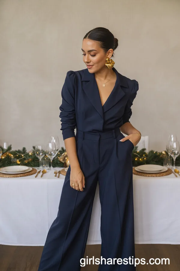 Navy Tailored Jumpsuit with Bold Gold Accessories