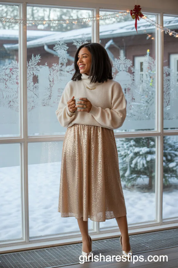 Champagne Sequin Skirt Ivory Turtleneck Sweater