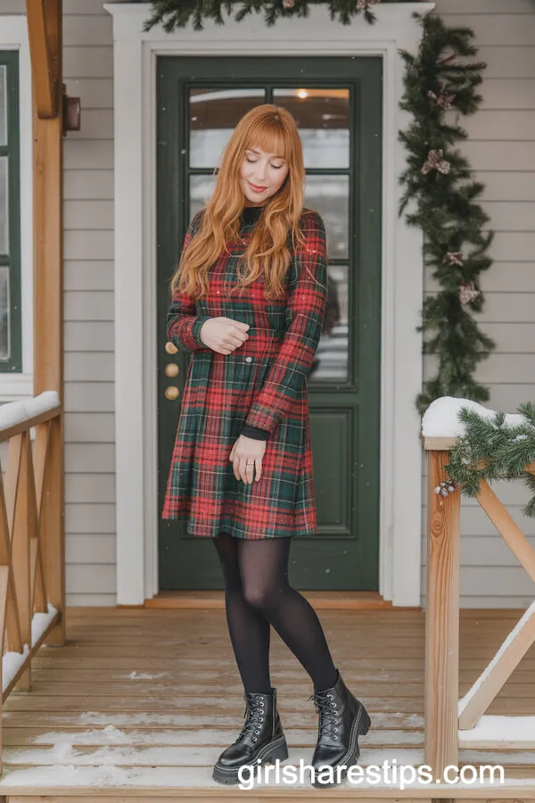 Red and Green Plaid Dress with Black Ankle Boots