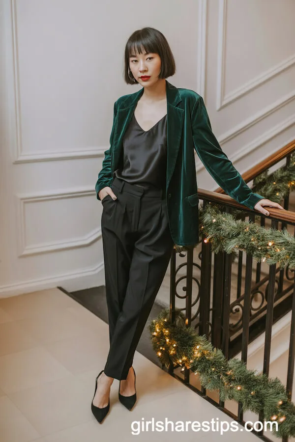 Emerald Velvet Blazer Tailored Black Slacks