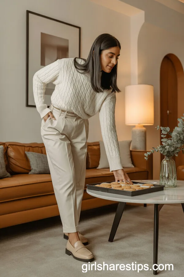 White Cable Knit Sweater with Cream Paperbag Trousers