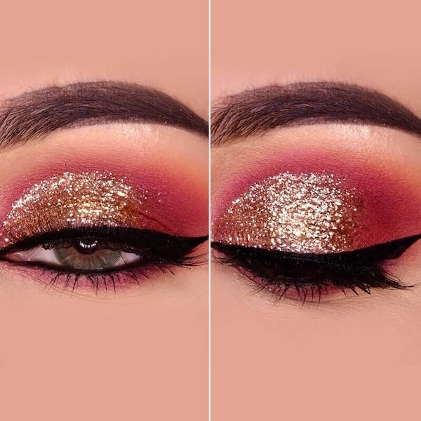 Red and Gold Glitter Eye Makeup