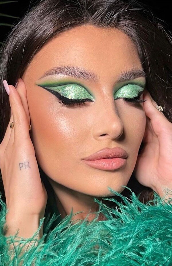 Festive Green Shimmer Eye Makeup