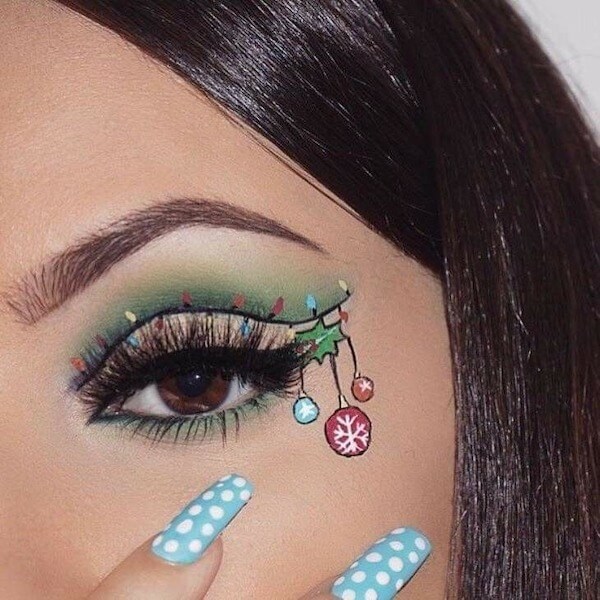 Green Eyeshadow with Christmas Ornaments Makeup