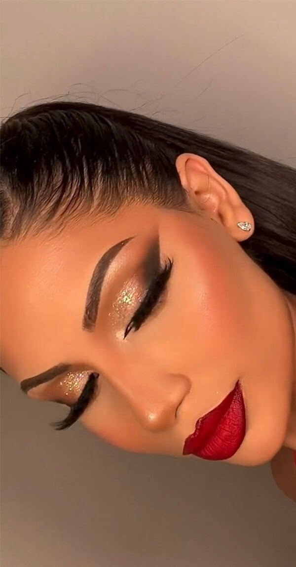 Gold Glitter Eyes and Red Lips