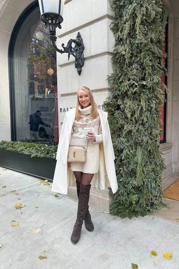 Sweater Dress Layered with Coat and Knee-High Boots