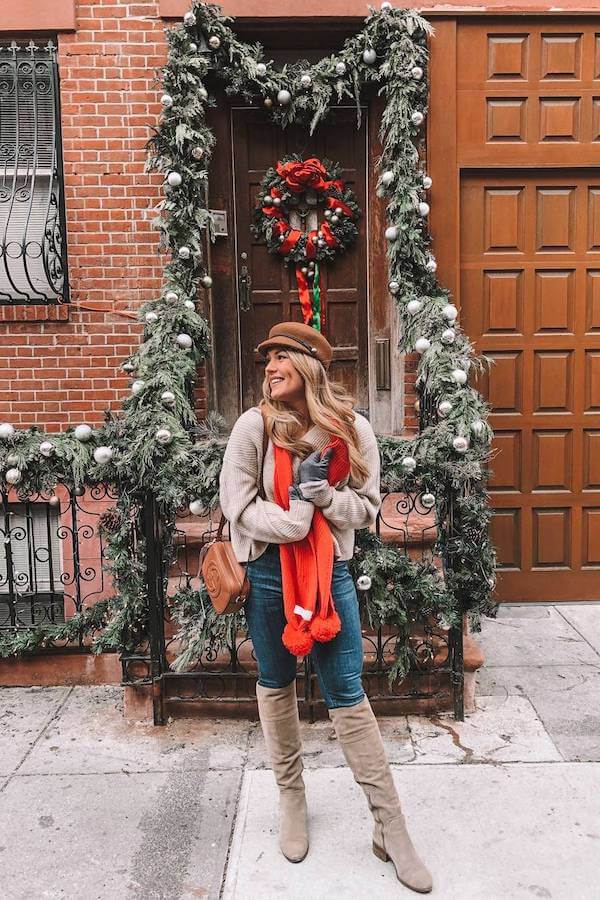 Cable Knit Sweater with Jeans and Red Scarf