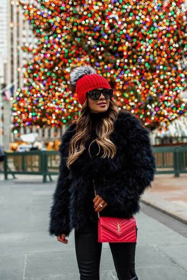 Faux Fur Jacket with Red Beanie and Leather Pants