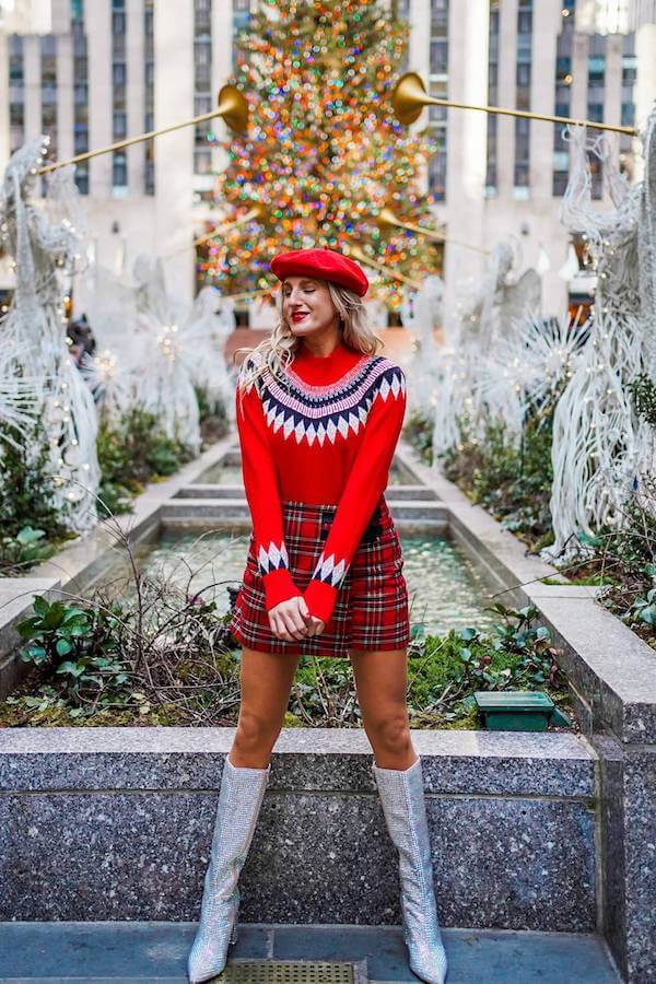 Festive Red Sweater and Plaid Skirt Combo