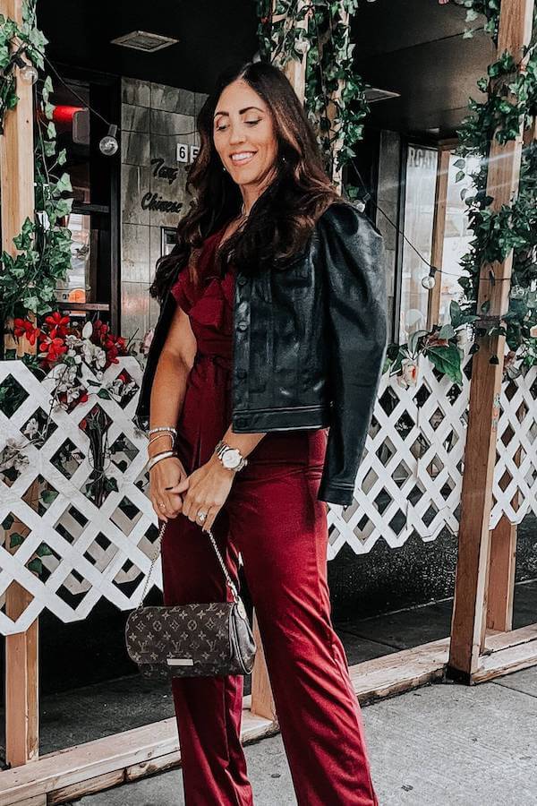 Chic Burgundy Jumpsuit with Leather Jacket