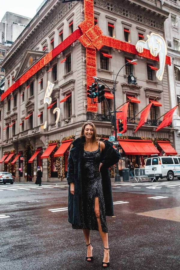 Sparkly Black Dress with Faux Fur Coat