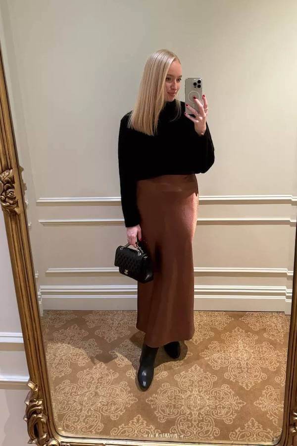 Minimalist Black Sweater with Brown Midi Skirt