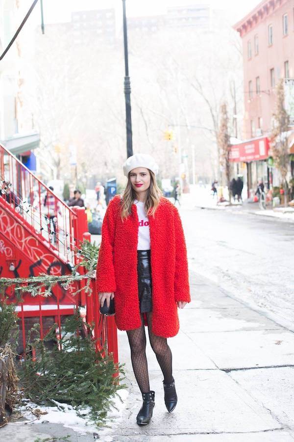 Bold Red Teddy Coat and Mini Skirt Look