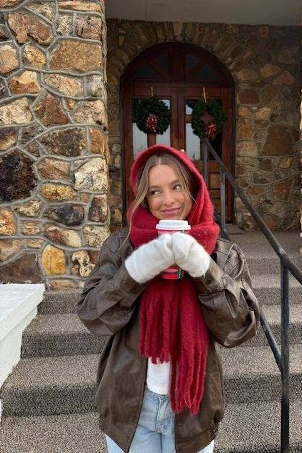 Cozy Red Scarf and Leather Jacket Ensemble