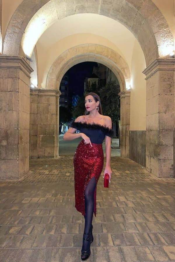 Glamorous Off Shoulder and Red Sequin Skirt Look