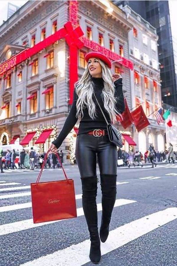 Red Beret and Leather Pants Christmas Outfit