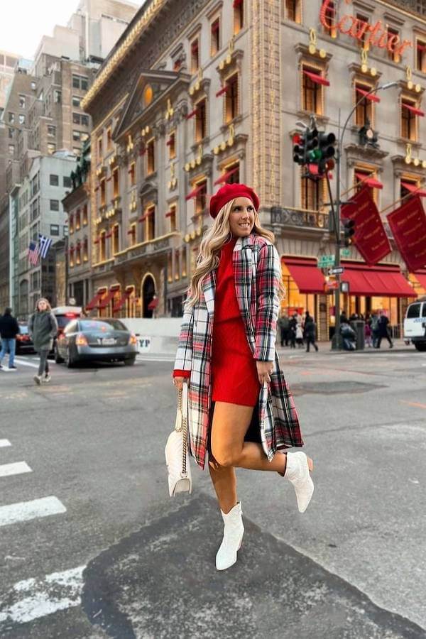 Plaid Coat and Red Dress Festive Outfit