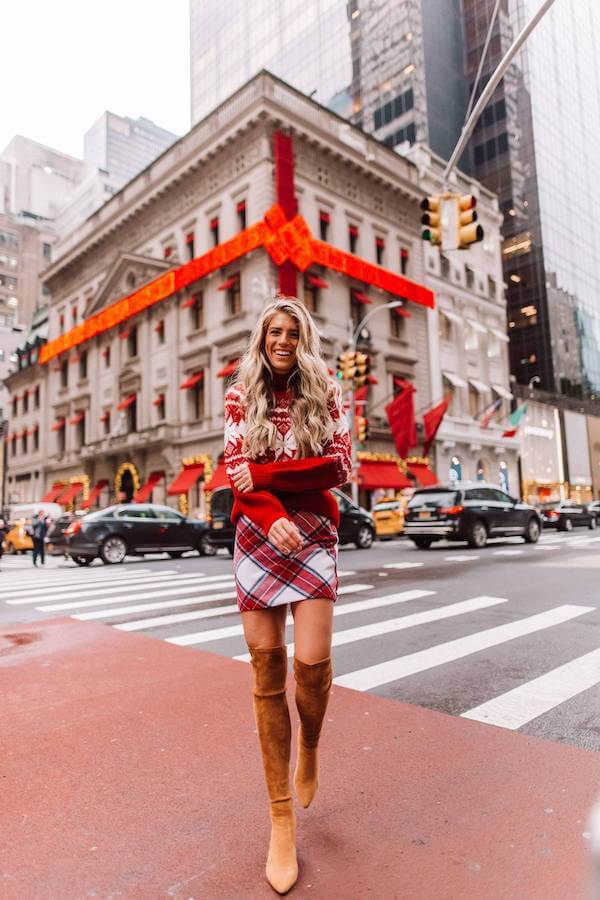 Red Sweater and Plaid Skirt Christmas Style