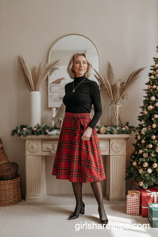 Black Turtleneck and Red Plaid Skirt
