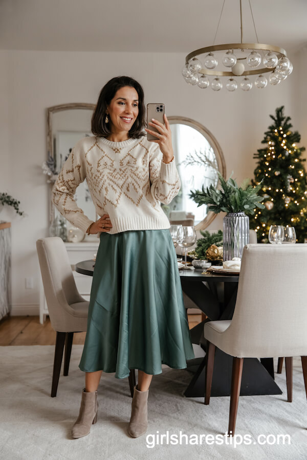 Cream and Gold Sweater with Satin Skirt