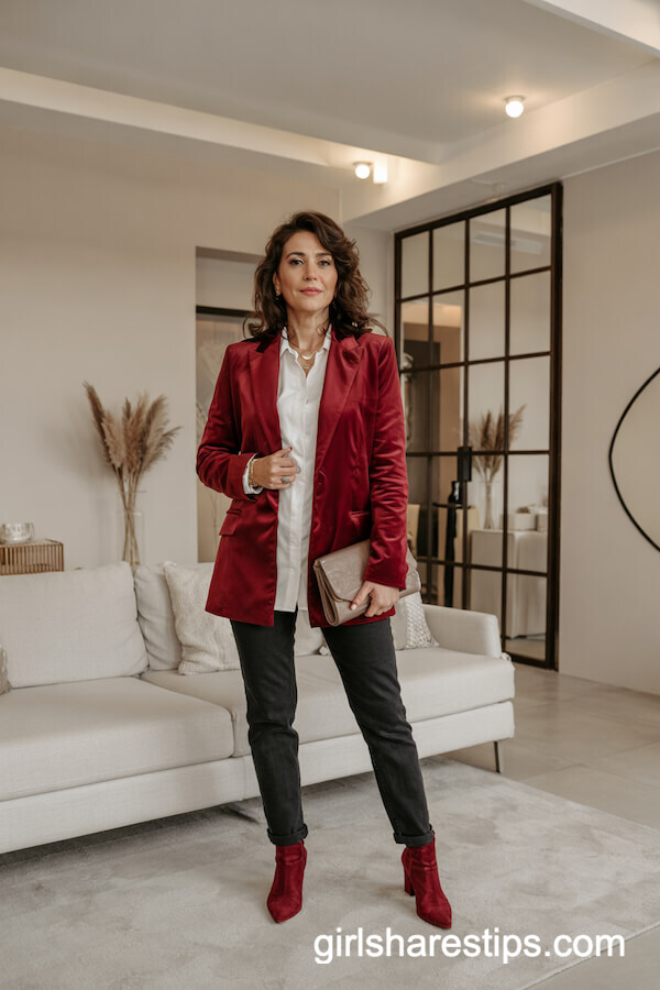 Red Velvet Blazer and Dark Jeans