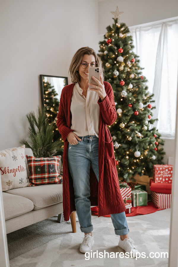 Red Long Cardigan with Blue Jeans