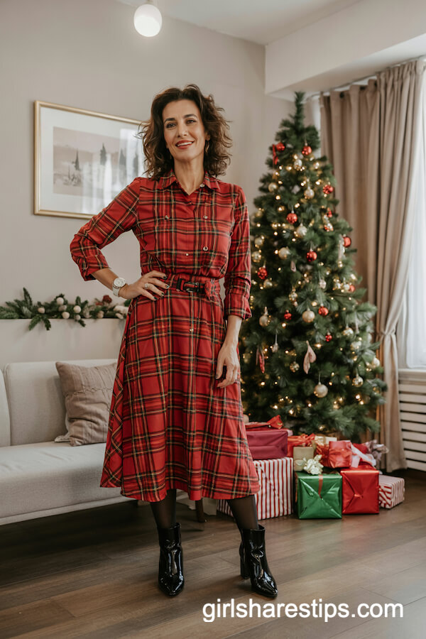 Red Plaid Midi Dress with Ankle Boots