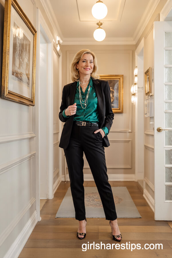 Black Pantsuit with Emerald Blouse