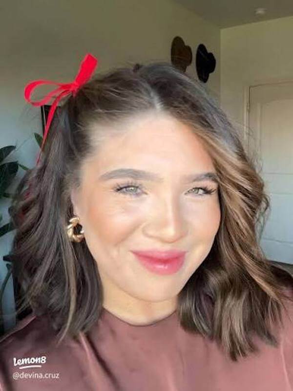 Half-Up Short Hair with Red Ribbon