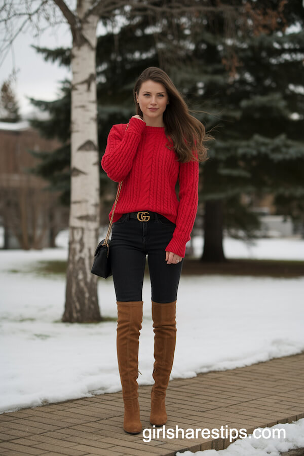 Red Cable-Knit Sweater with Black Skinny Jeans and Suede Boots