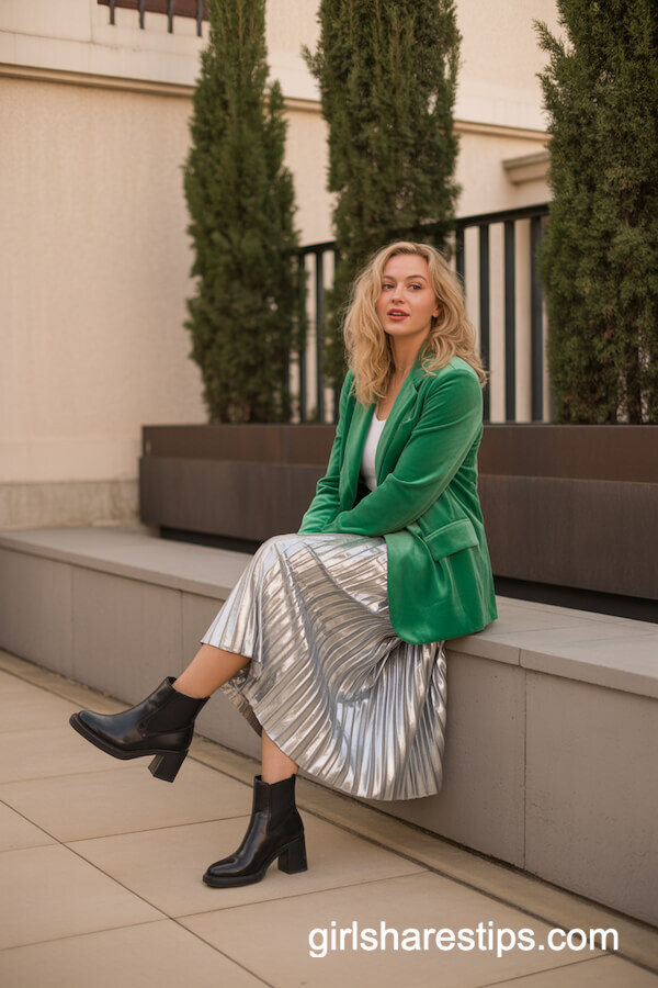 Emerald Velvet Blazer with Silver Pleated Skirt and Ankle Boots