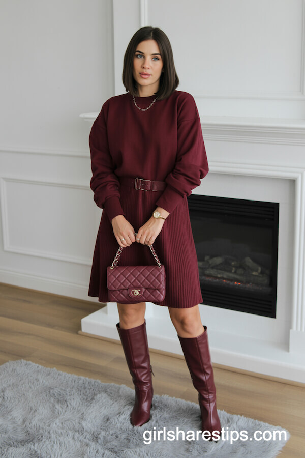 Burgundy Sweater Dress with Matching Knee-High Boots