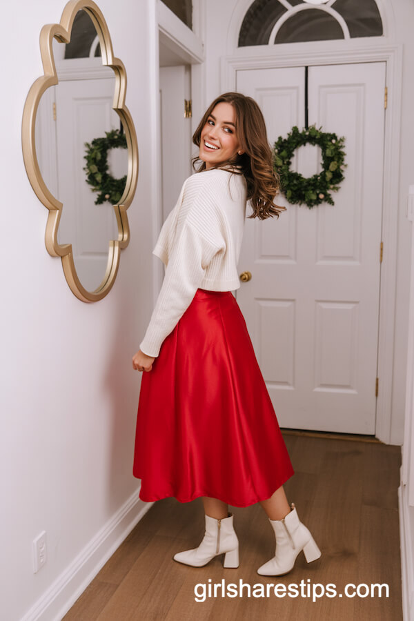 Red Midi Skirt with White Cropped Sweater and White Ankle Boots