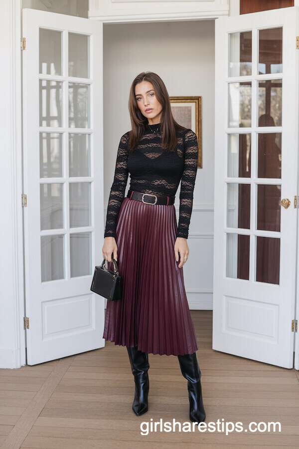 Black Lace Bodysuit with Burgundy Pleated Skirt and Knee-High Boots