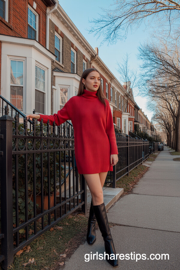 Red Turtleneck Sweater Dress with Tall Leather Boots