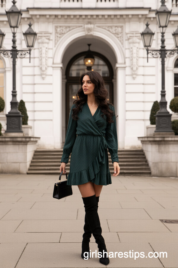 Dark Green Ruffled Mini Dress with Over-the-Knee Boots