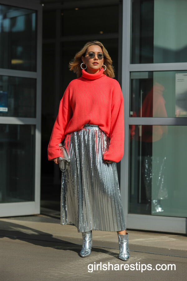 Coral Chunky Knit Sweater with Silver Sequined Skirt