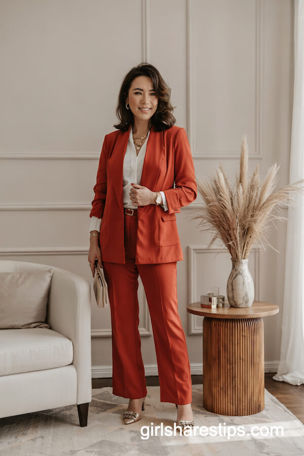 Red Suit with White Blouse