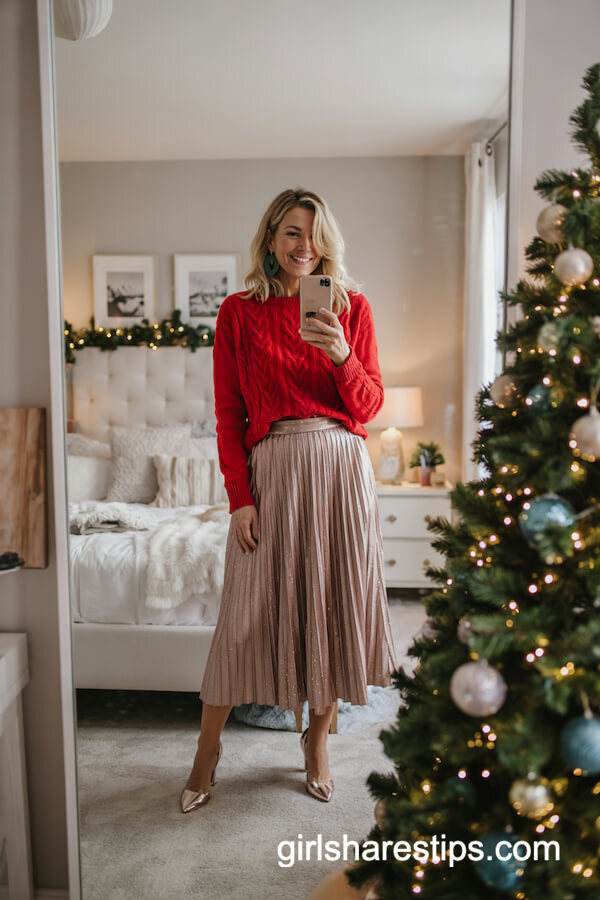 Red Sweater and Metallic Midi Skirt