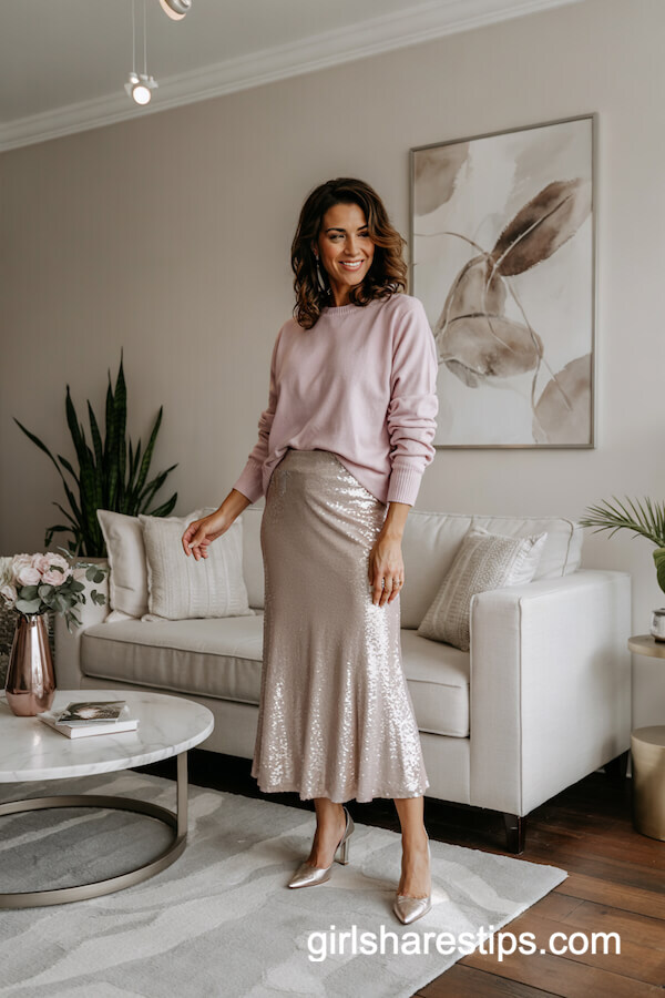 Sequin Midi Skirt and Pink Sweater