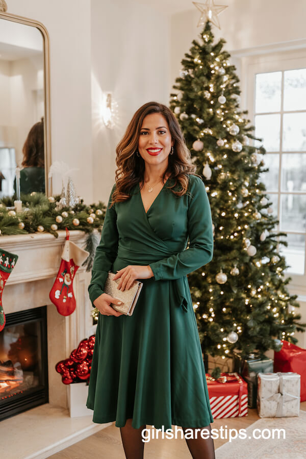 Green Wrap Dress Holiday Look