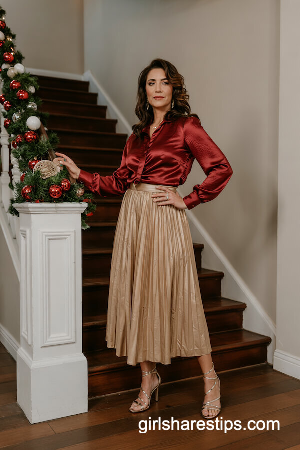 Gold Pleated Skirt with Burgundy Blouse